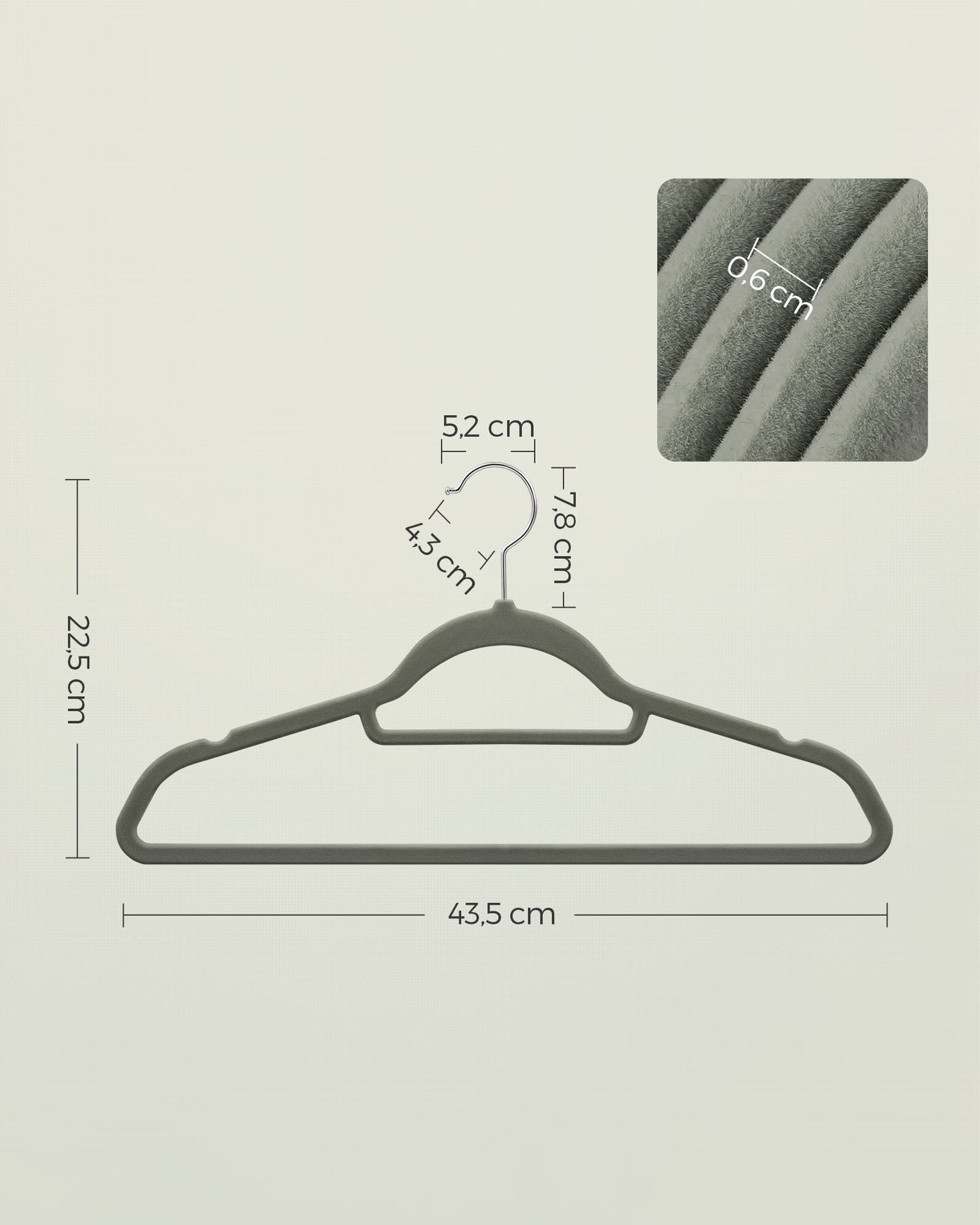 👉 Samt Kleiderbügel 20er Set, Rutschfest mit 360° drehbarem Haken, 0,6 cm schlank & platzsparend, 43,5 cm, mit Krawattenstange – Silber Grau