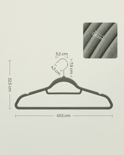 👉 Samt Kleiderbügel 20er Set, Rutschfest mit 360° drehbarem Haken, 0,6 cm schlank & platzsparend, 43,5 cm, mit Krawattenstange – Silber Grau