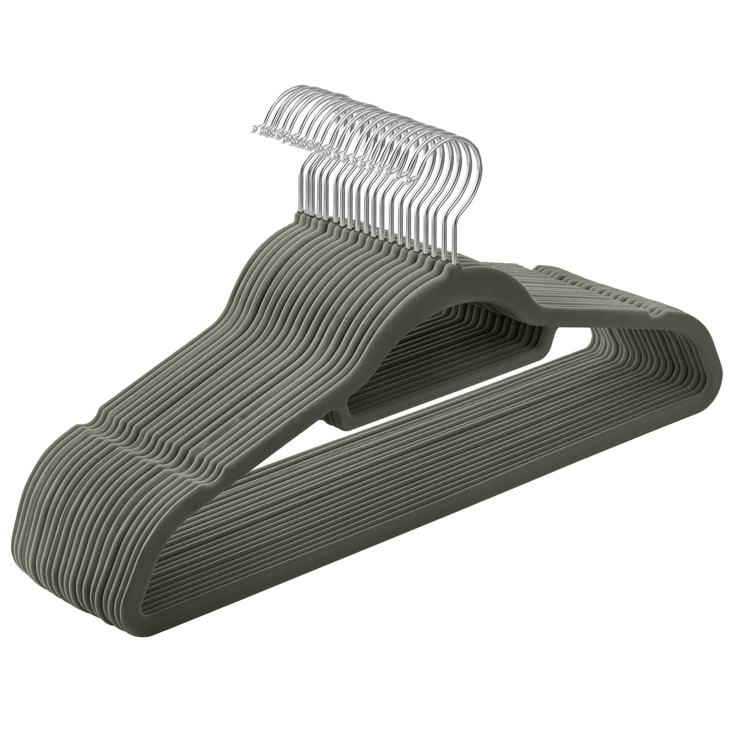👉 Samt Kleiderbügel 20er Set, Rutschfest mit 360° drehbarem Haken, 0,6 cm schlank & platzsparend, 43,5 cm, mit Krawattenstange – Silber Grau