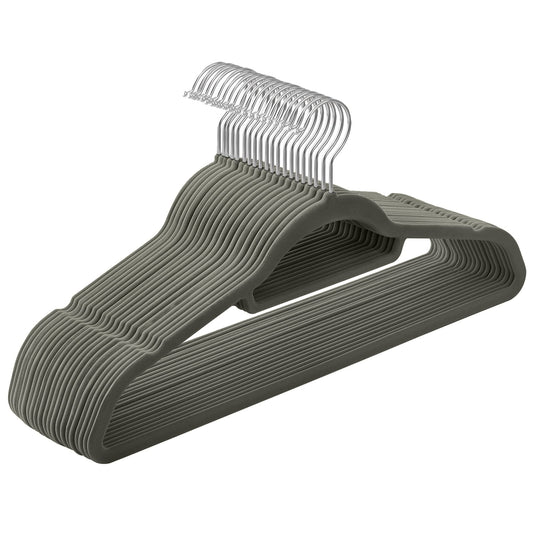 👉 Samt Kleiderbügel 20er Set, Rutschfest mit 360° drehbarem Haken, 0,6 cm schlank & platzsparend, 43,5 cm, mit Krawattenstange – Silber Grau
