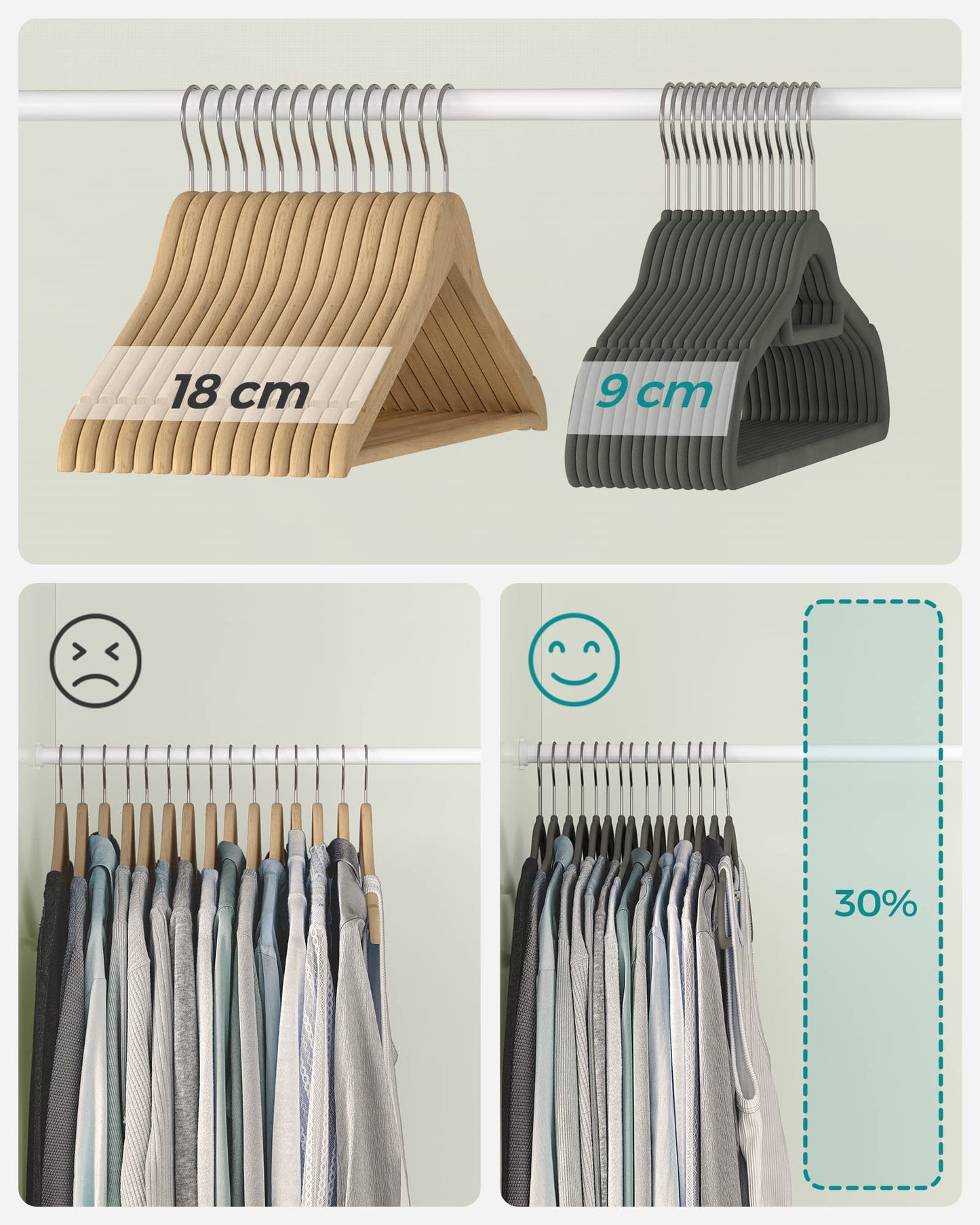 👉 Samt Kleiderbügel 20er Set, Rutschfest mit 360° drehbarem Haken, 0,6 cm schlank & platzsparend, 43,5 cm, mit Krawattenstange – Silber Grau